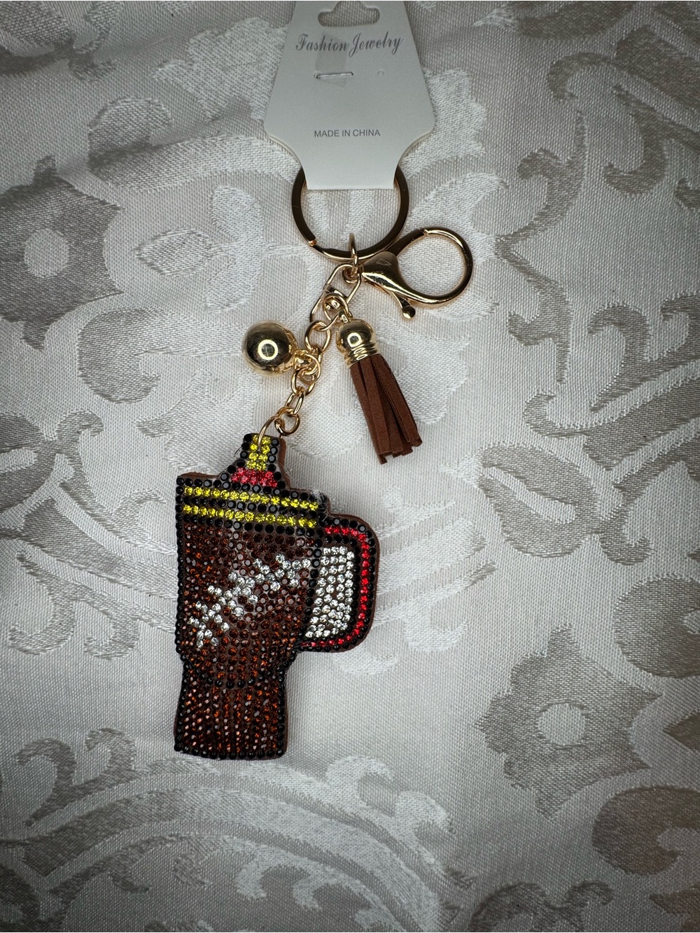 NWT Fashion Brown Football Rhinestone Coffee Cup Keychain with Tassel